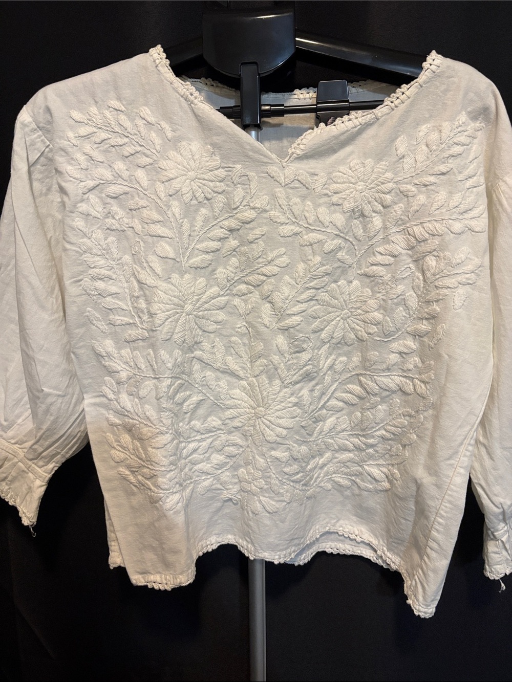 Vintage Cream Floral Embroidered Cotton Blouse